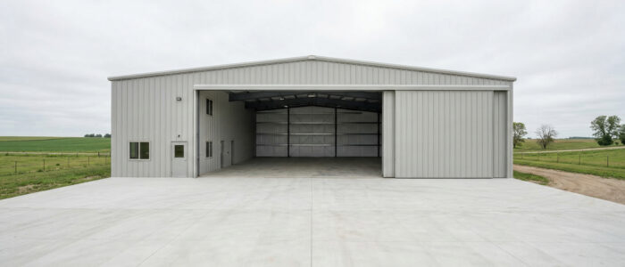 Empty pole barn building with open doors